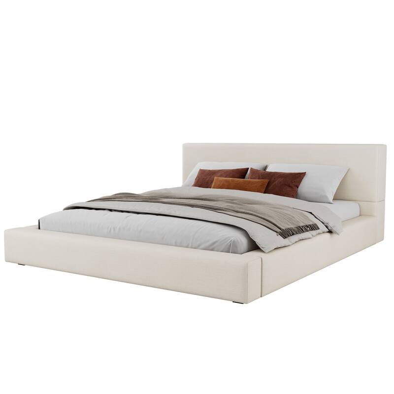 Modern Wooden Upholstered Linen Platform Bed with Thick Padded Headboard, No Box Spring Needed