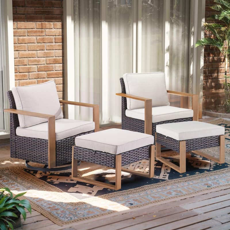 Outdoor Swivel Chair with Thick Cushion - Brwon Wicker Beige Cushion - 4PCS Swivel Chair w/ Ottoman