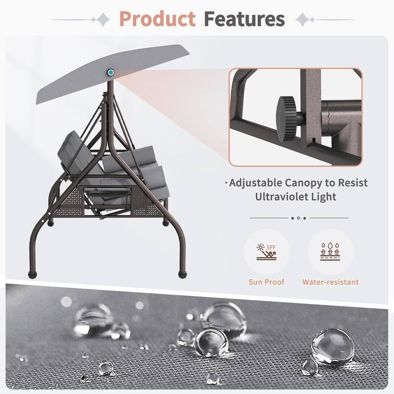 Outdoor Patio 3-Seat Porch Swing Cushioned Seat Bench Chair with Adjustable Tilt Canopy & Side Trays
