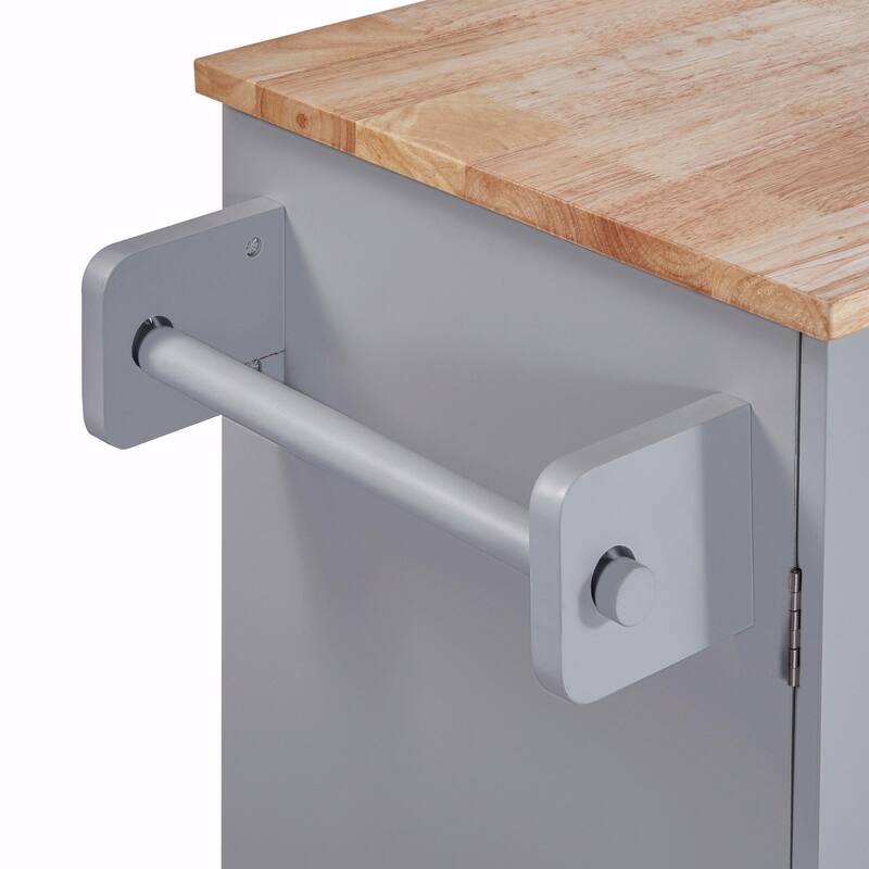 Rolling Kitchen Island with Rubber Wood Top, Drawers, Shelves, Internal Storage, Wheels, Spice & Towel Racks