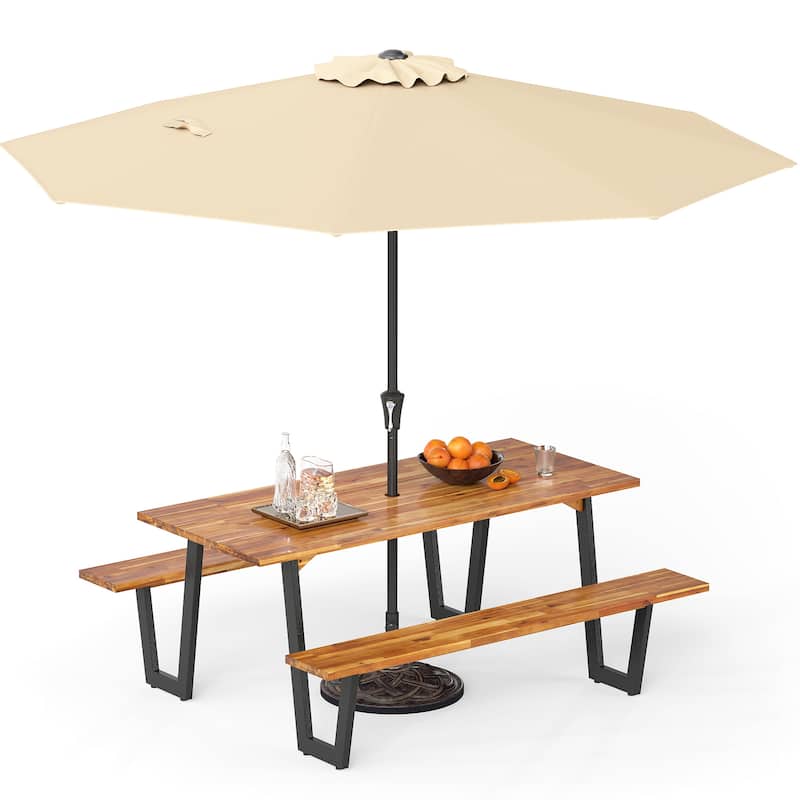 Patio Dining Table and Bench Set with Umbrella and Base - 70" x 30" x 30" - Natural-Beige