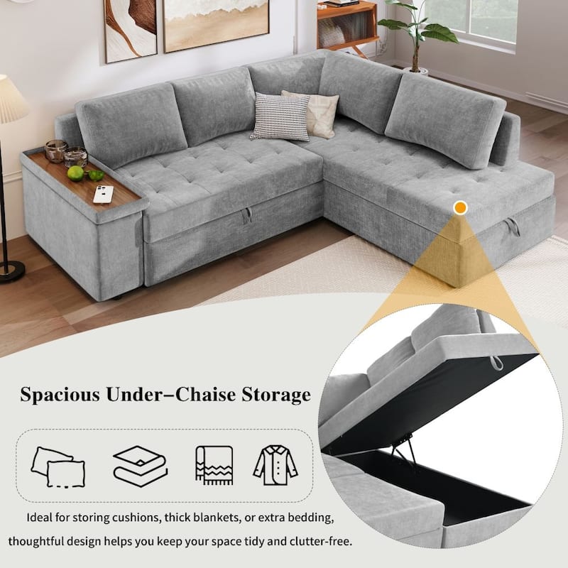 91.5'' L-shaped Sectional Sofa Sleeper Sofa Couch with Pull Out Bed with Hidden Storage