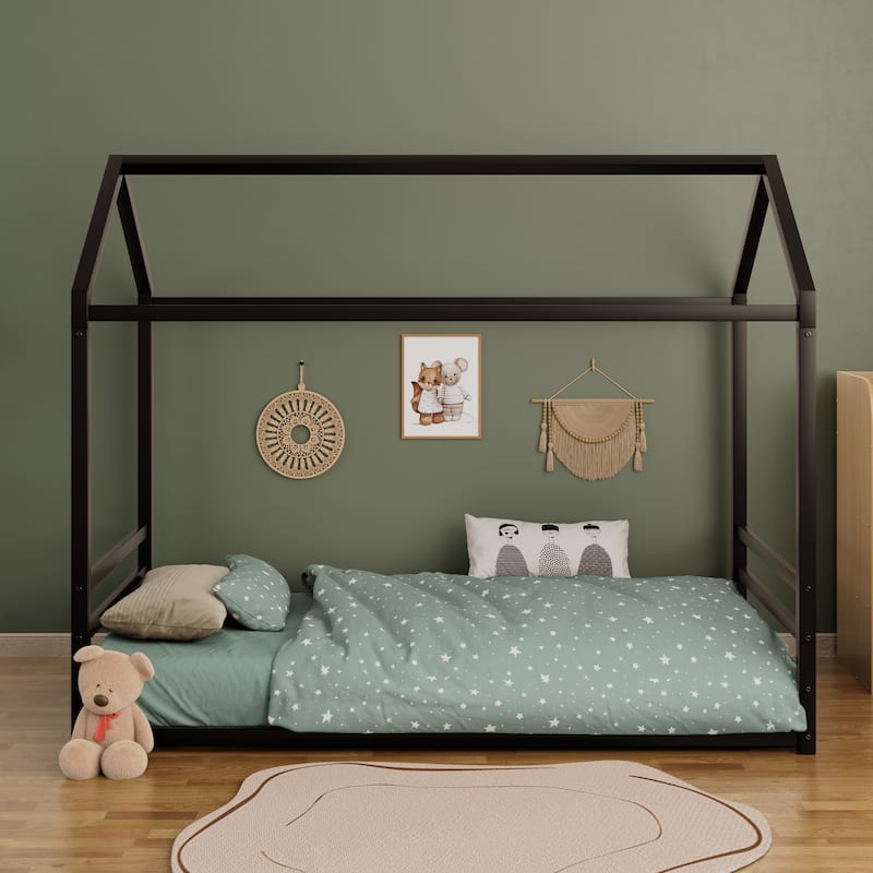 Montessori House Metal Floor Bed with End Guardrails by Harper&Bright Designs