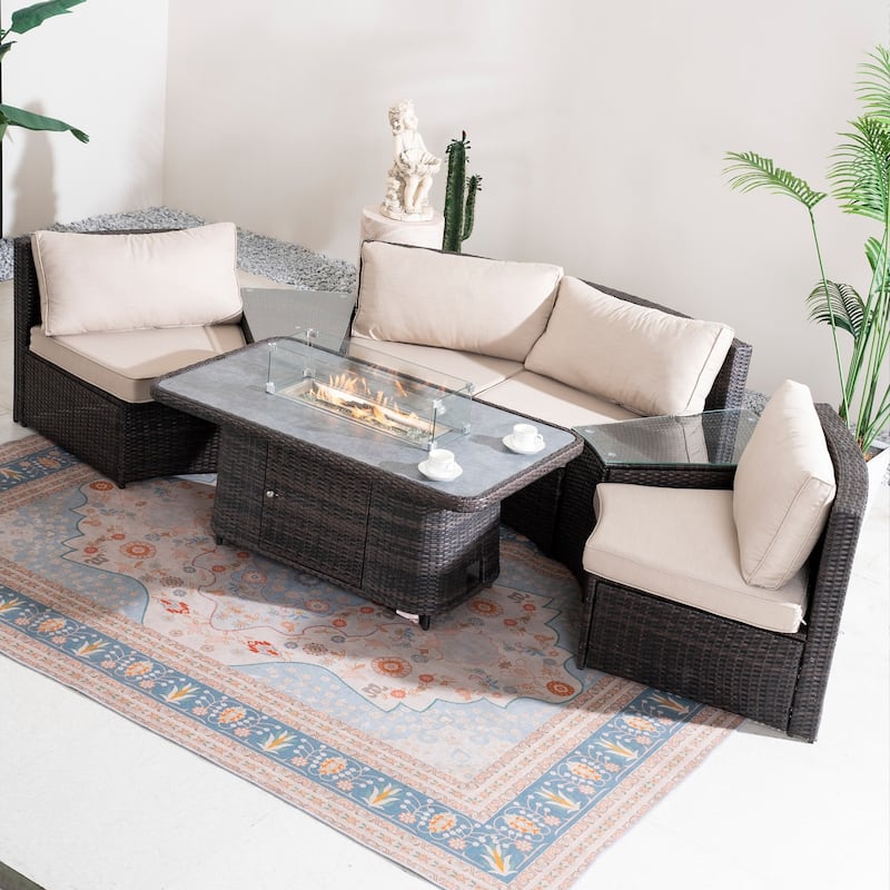 7-Piece Outdoor Patio Furniture Set with Adjustable Propane Fire Pit Table, Wicker Sofa and Tempered Glass Side Tables - Brown
