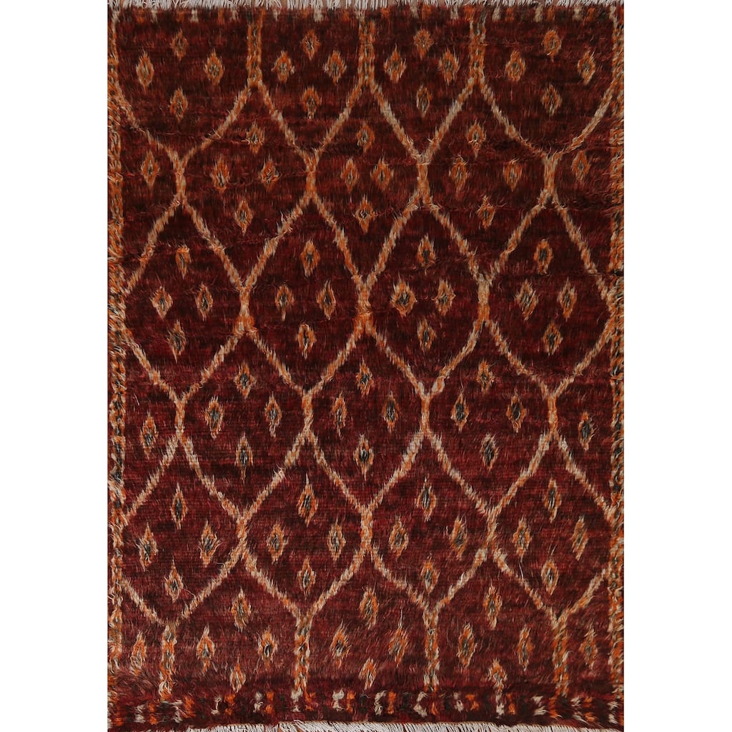 Hand Knotted Oriental 100% Wool Carpet Modern Tribal Red Moroccan Area Rug - 6' 5'' X 4' 8''