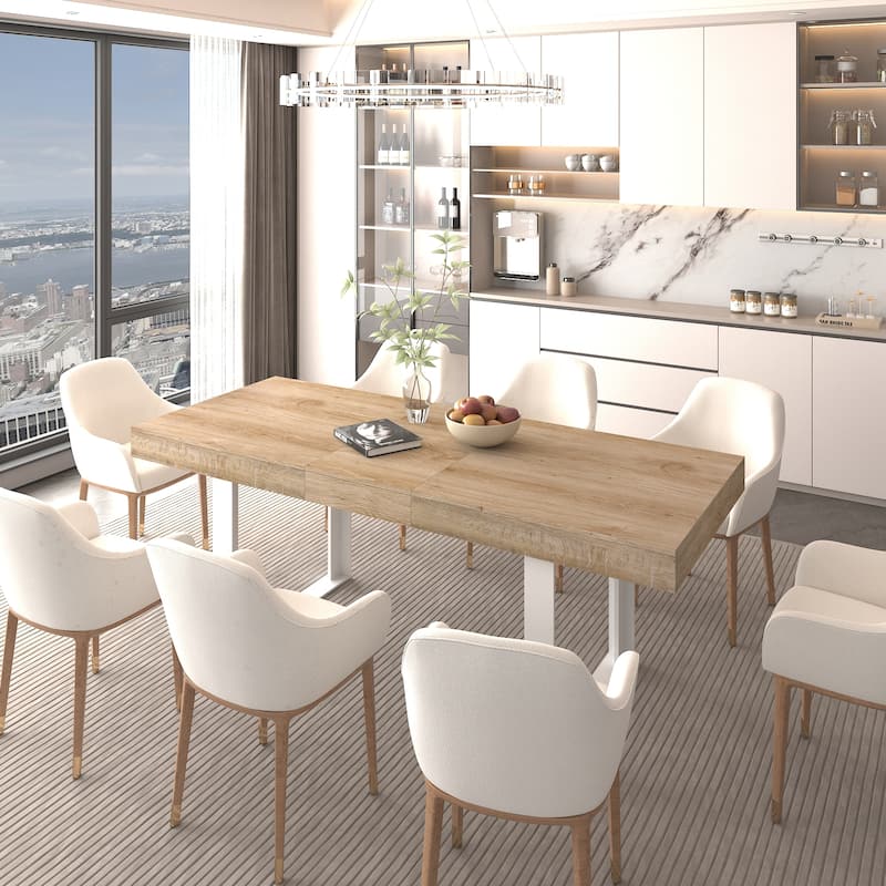 Dining Table Extended of up to 78.7'', Multi-Functional Rectangular Desk, Large Wooden Kitchen Expanding Table - White+Oak - White+Oak