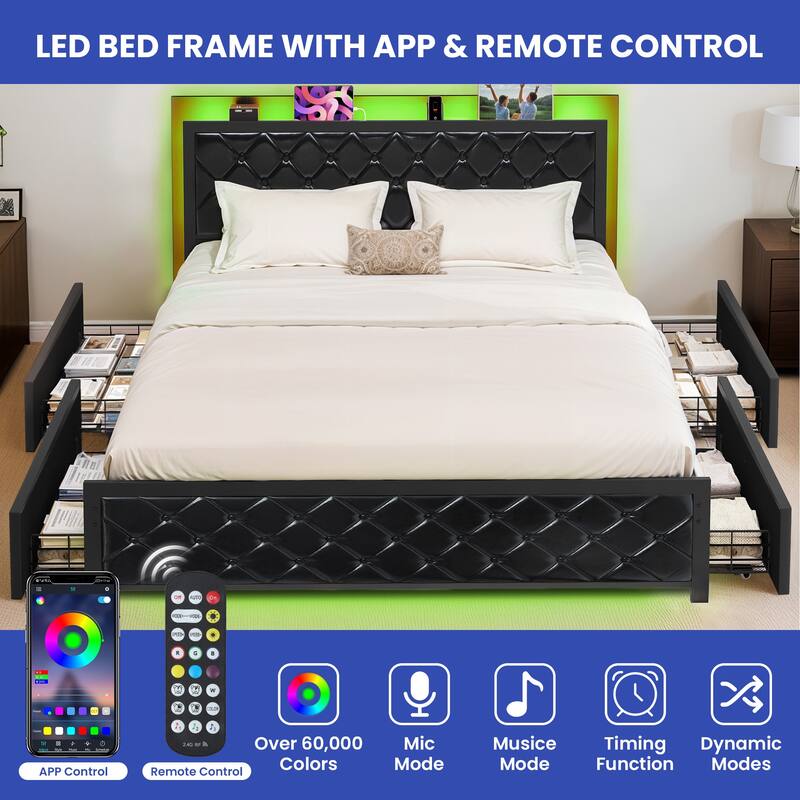 Moasis Queen Bed Frame with Headboard & 4 Storage Drawers, Modern Upholstered Faux Leather Platform Bed