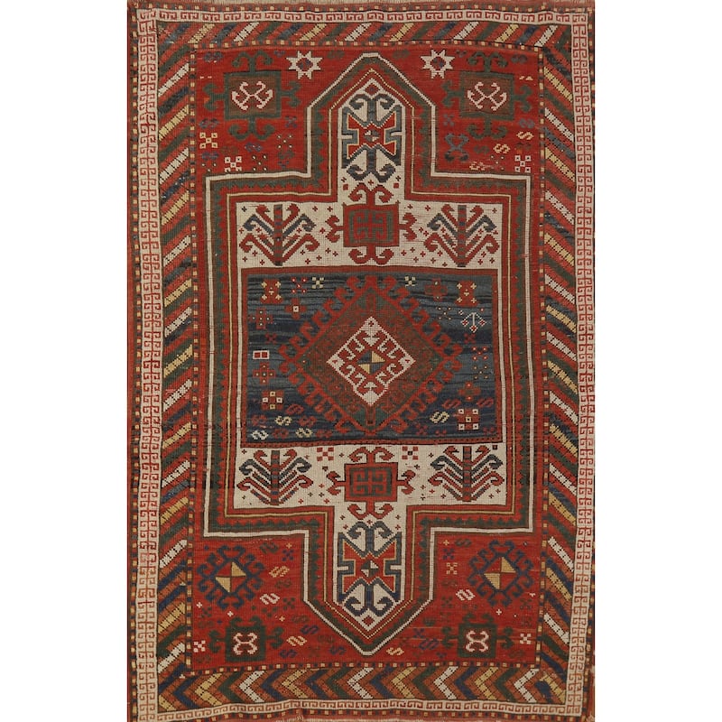 Hand Knotted Oriental 100% Wool Carpet Traditional Tribal Red Caucasian Area Rug - 5' 7'' X 3' 7''