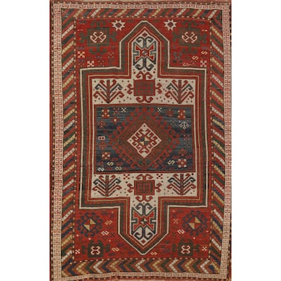 Hand Knotted Oriental 100% Wool Carpet Traditional Tribal Red Caucasian Area Rug - 5' 7'' X 3' 7''