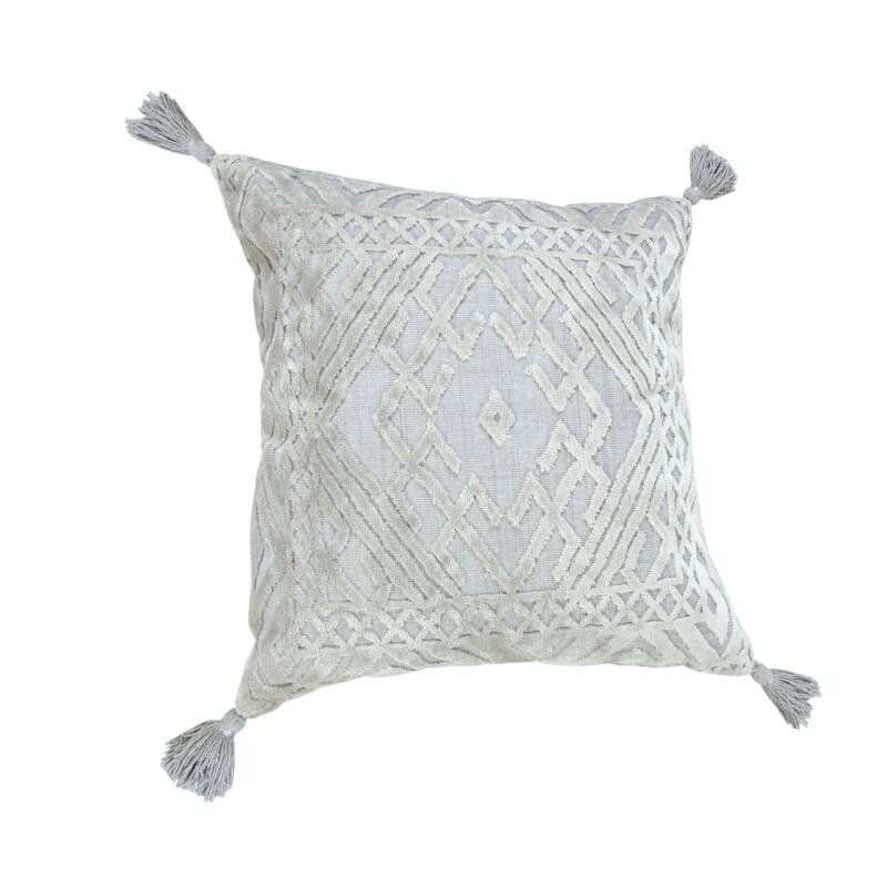18" Gray And Silver Geometric Viscose Throw Pillow Cover with Tassels