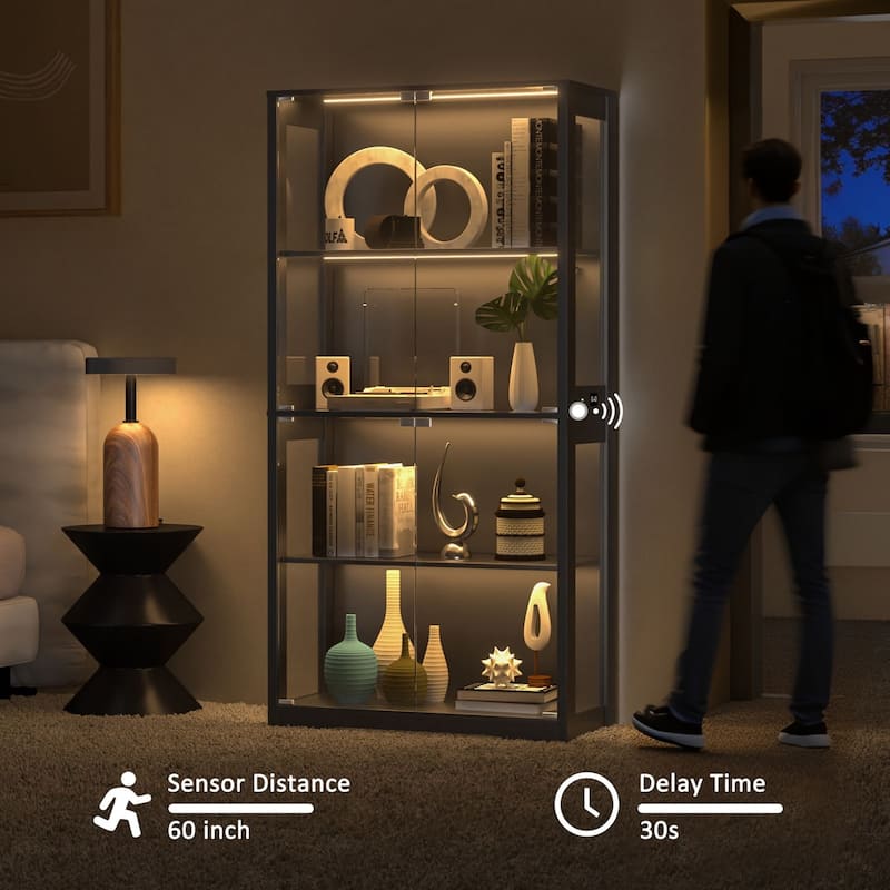 VEIKOUS 68.9" Tall Glass Display Cabinet with Built-in LED Lights & Motion Sensor for Lego, Collectibles, Figures