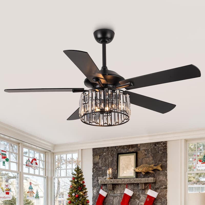 Parrot Uncle 52" Black Wood Modern Crystal Indoor Ceiling Fan Chandelier with Remote