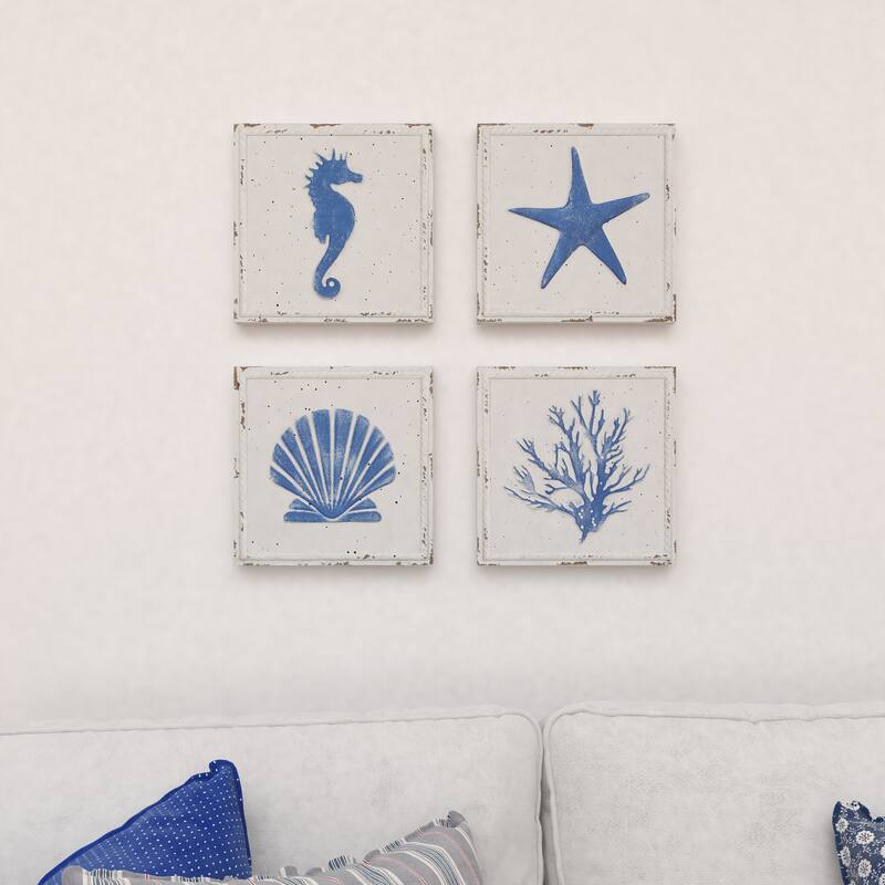 Metal Sail Boat or Sea Horse Speckled Home Wall Decor with Various Marine Life Designs - Set of 4 Cream - Roche River Decor