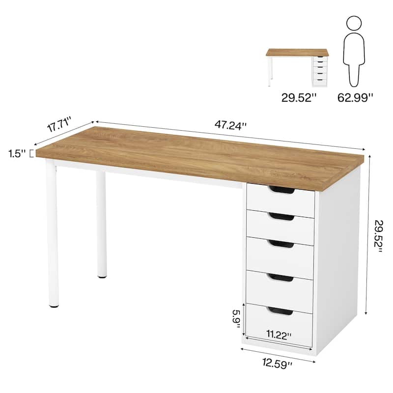 47-inch Computer Desk with 5-drawer, Wood and Metal Writing Desk for Study Living Room