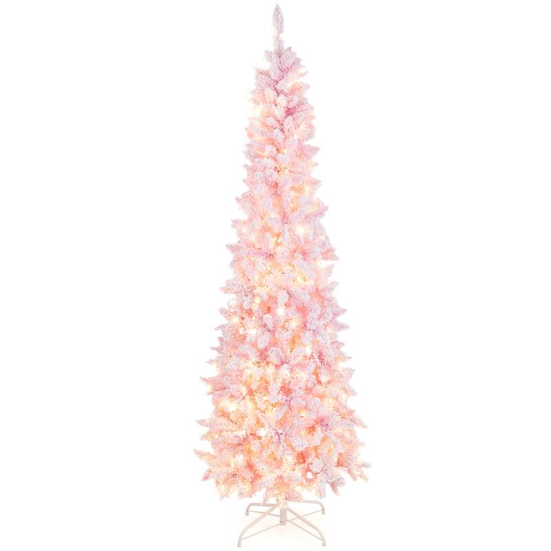Gymax 7FT Pre-Lit Flocked Christmas Pencil Snow Tree Holiday Decor