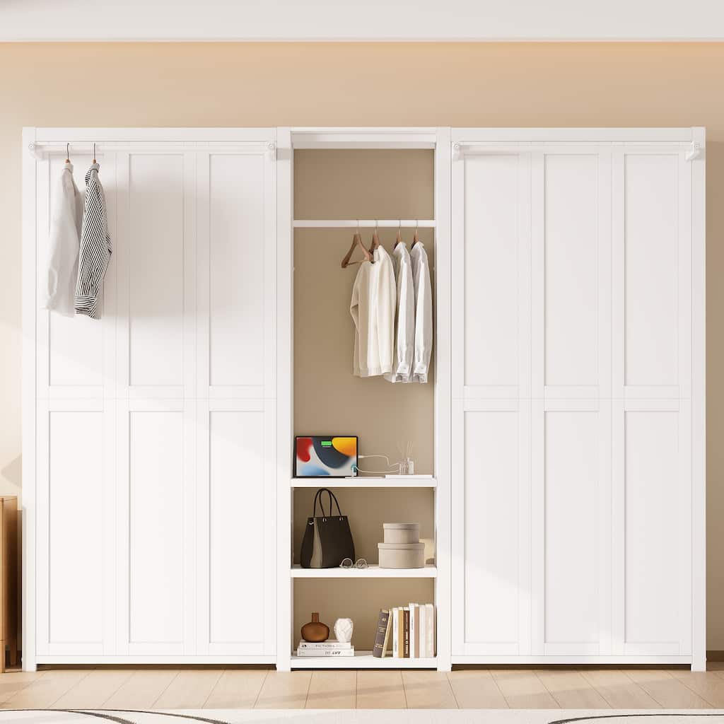2 in 1 Design Foldable Murphy Bed, Twin and Twin Platform Beds with Wardrobes, Headboards, Open Shelves and Power Outlets