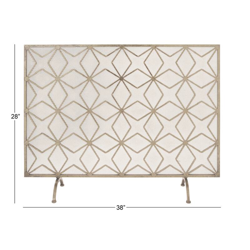 Gold Metal Star Patterned Single Panel Geometric Fireplace Screen with Mesh Netting