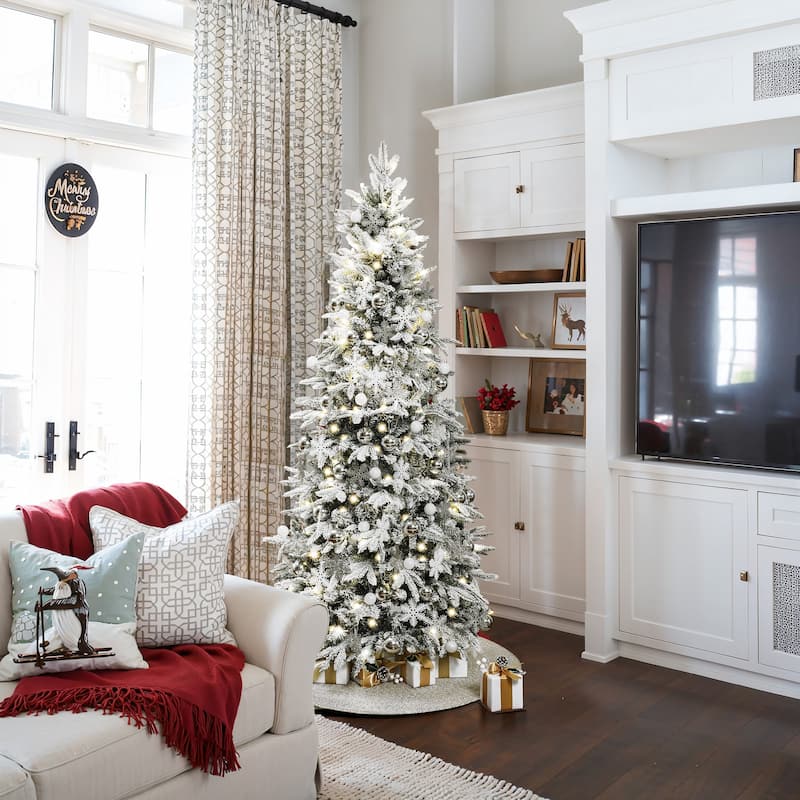 6Ft Pre-Lit Snow Flocked Pop-Up Artificial Christmas Tree with Decors - 72" H x 33.5" Diameter