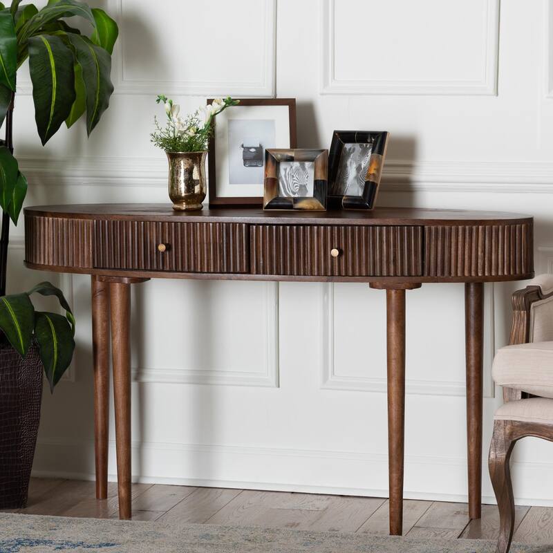 Linore Fluted Wood Console Table - 2-Drawer Oval Accent Table for Living Room or Entryway