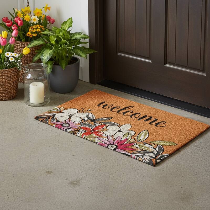 HomeRoots 20" X 34" Brown Black And White Floral Welcome Outdoor Coir Door Mat - 20.00' X '34.00 - 20.00' X '34.00