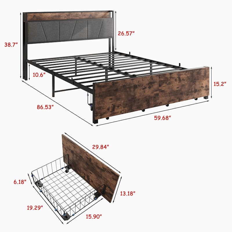 Queen Size Bed Frame, Storage Headboard with Charging Station and 2 Drawers, No Box Spring Needed