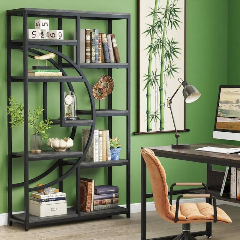 69" Tall Geometric Bookcase with 9 Open Shelves Metal Frame and Marble Laminate Top for Living Room - 37.4”L x 11.81”W x 68.89”H