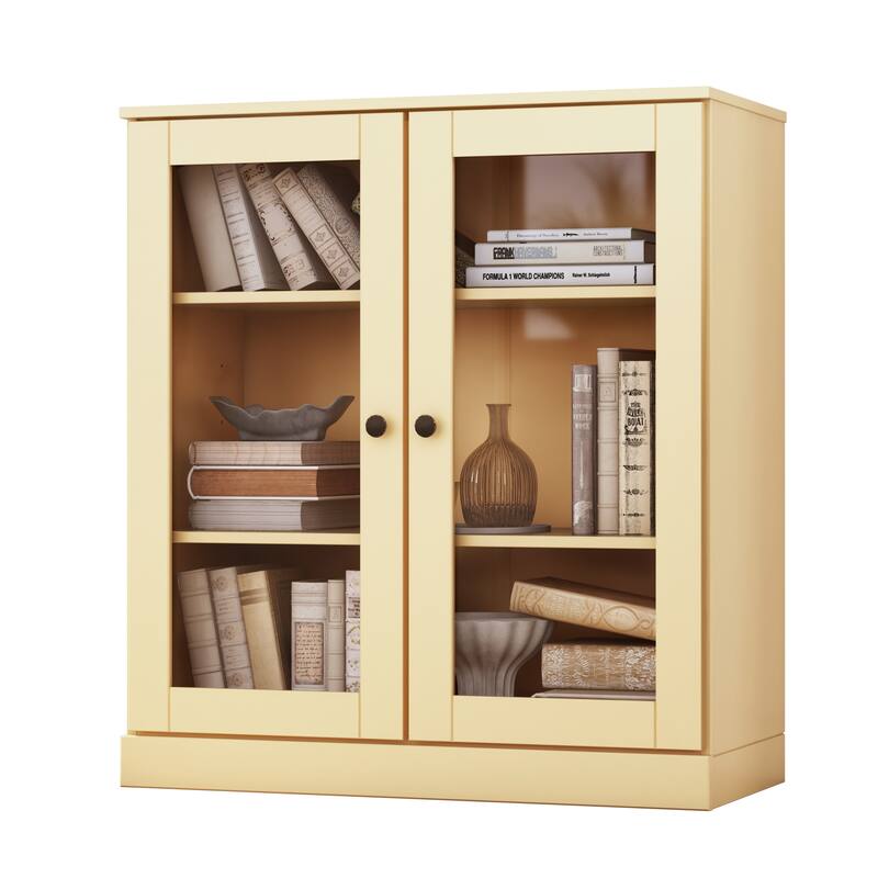 Palace Imports 100% Solid Wood 3-Shelf Bookcase, Clear Glass Doors, Adjustable Shelves, 32" Wide, 35.75" Tall