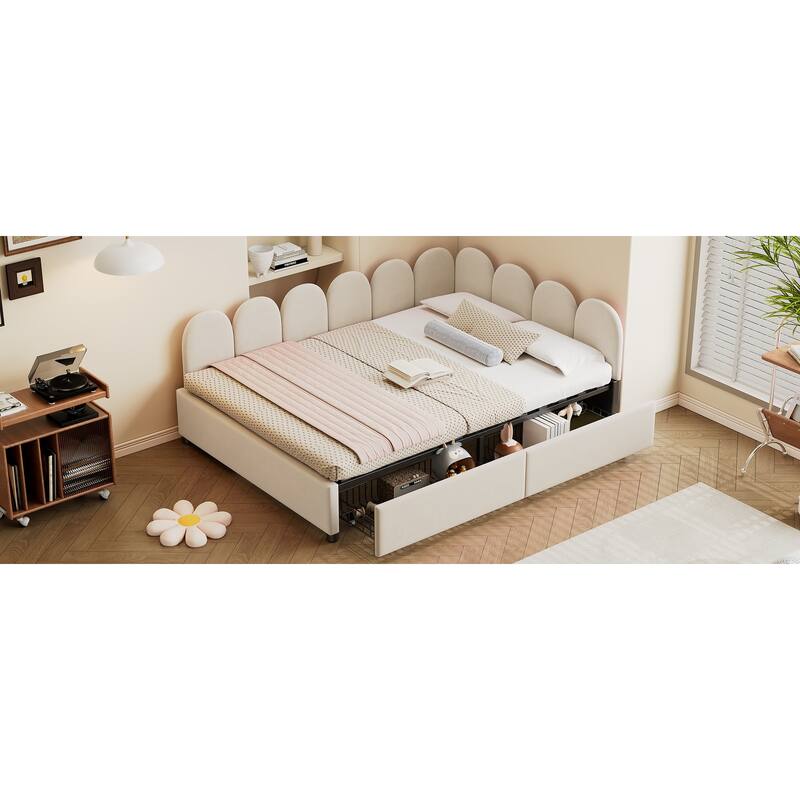 Velvet Upholstered Daybed with Two Drawers and Soft Headboard