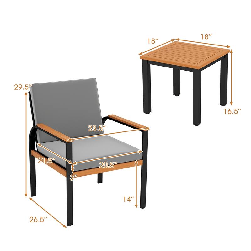 3-Piece Acacia Wood Patio Bistro Conversation Set with Table and Chairs for Garden or Balcony - Table: 18" x 18" x 16.5"