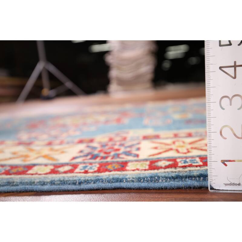 Light Blue Geometric Kazak Accent Rug Hand-Knotted Foyer Wool Carpet - 3'4" x 4'11"