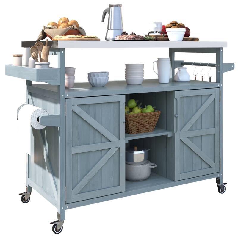 Farmhouse Kitchen Island with Stainless Steel Top, Rolling Grill Solid Wood Storage Cabinet wSpice Rack & Towel Rack for Kitchen