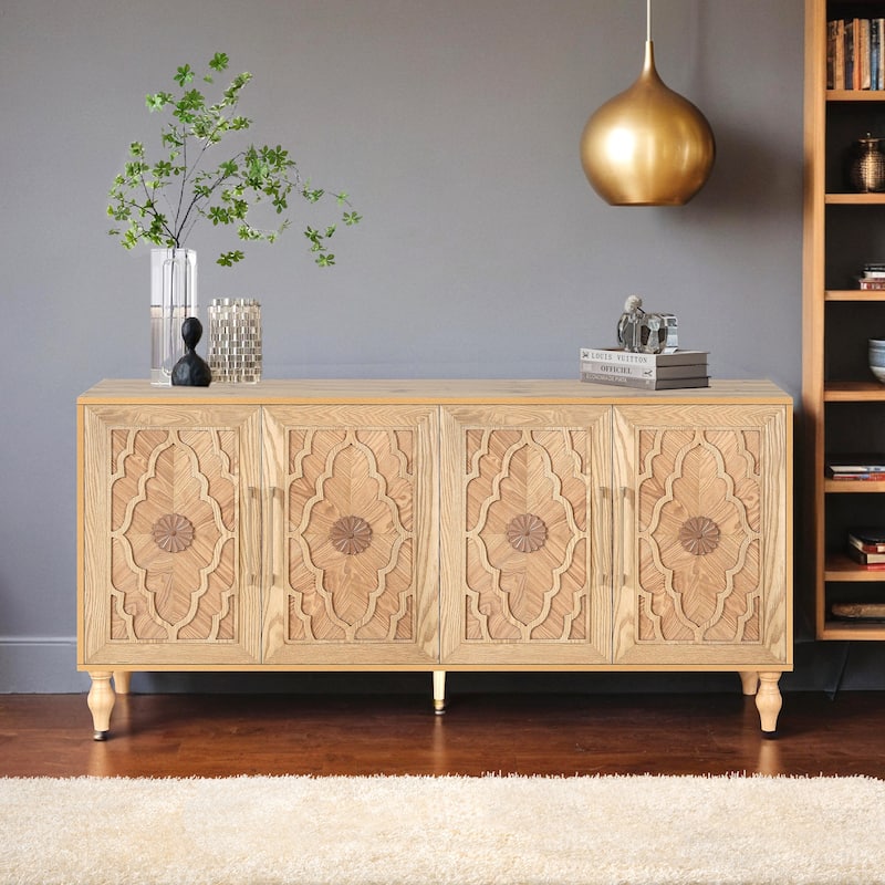 Carved Flower Door Large Storage Cabinet With Metal Handle Suitable For Living Room, Kitchen, Entryway