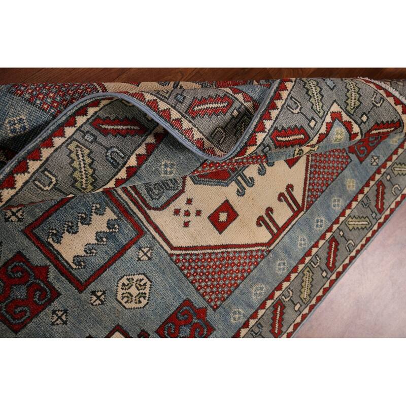 Blue Geometric Kazak Oriental Accent Rug Hand-Knotted Wool Carpet - 3'7" x 5'0"