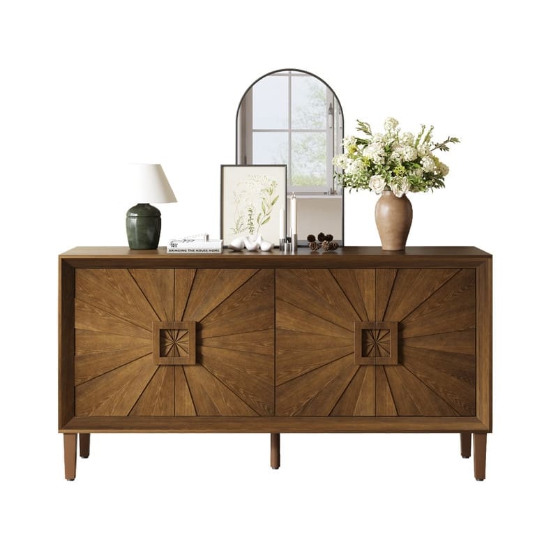 Rustic Farmhouse 59.8" Credenza, Durable Antique Wood Storage Unit for Living Room or Kitchen Use