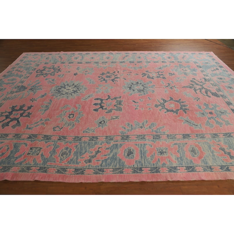 Hand Knotted Oriental 100% Wool Carpet Transitional All-Over Pink Oushak Area Rug - 12' 5'' X 9' 5''