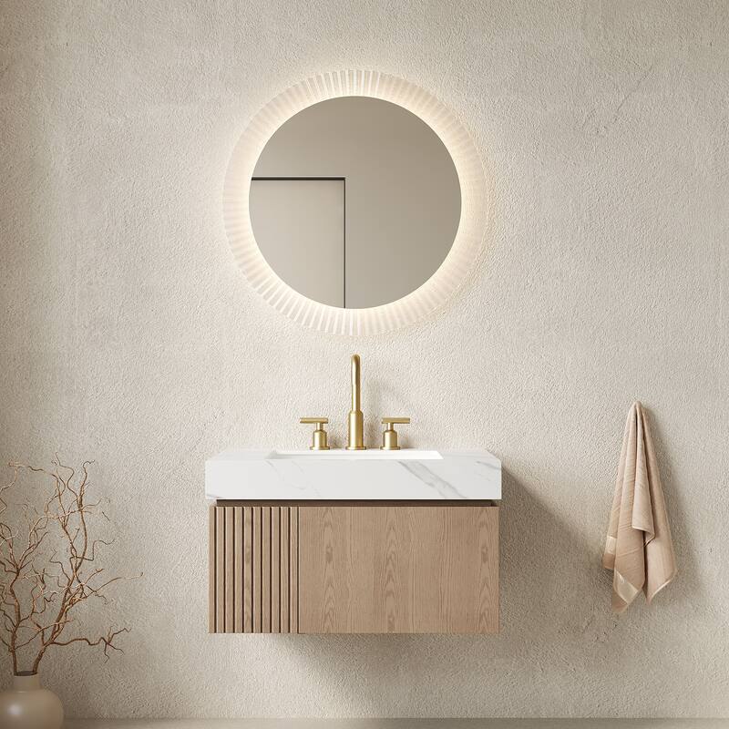 Floating Bathroom Vanity with Sintered Stone Top & Undermount Ceramic Basin with Three Pre-drilled Faucet Holes - 29.92'' x 18.9'' x 17.72'' - Light Brown and Carrara White