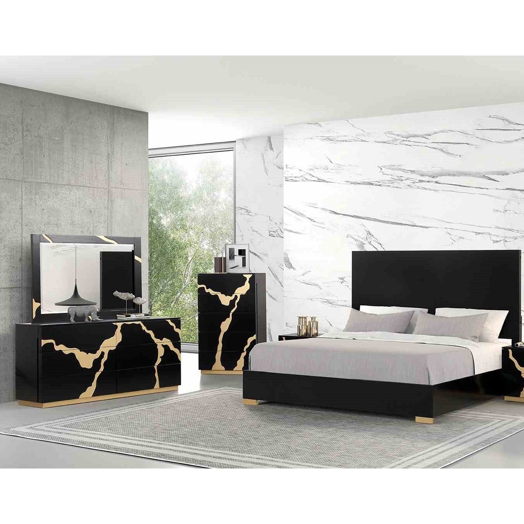 Contemporary Black Finish 4PC Bed Dresser Mirror Chest