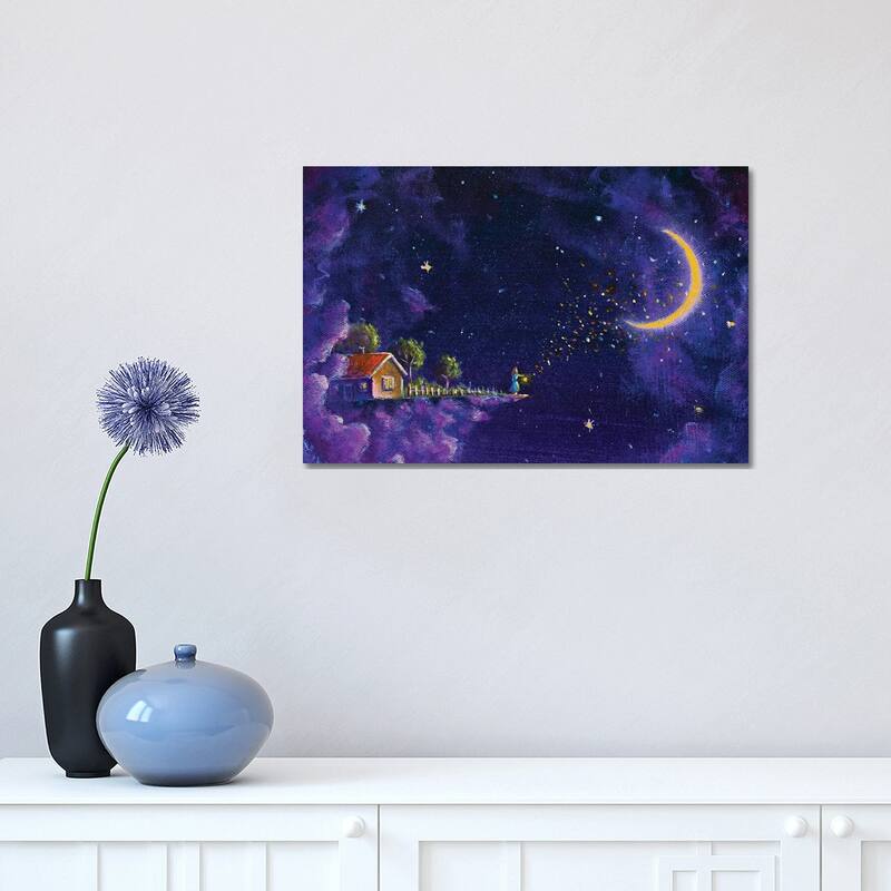 iCanvas "Mystic Fabulous House In Purple Night Clouds In The Starry Sky And The Girl" by Valery Rybakow Canvas Print - 12x18x1.5