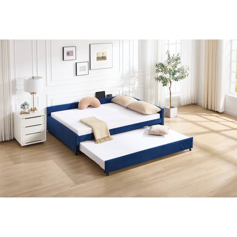 Twin Corner Daybed with Trundle, L-Shaped Upholstered Day Bed Frame Velvet Sofa Bed with Charging Port, Wood Slats Support