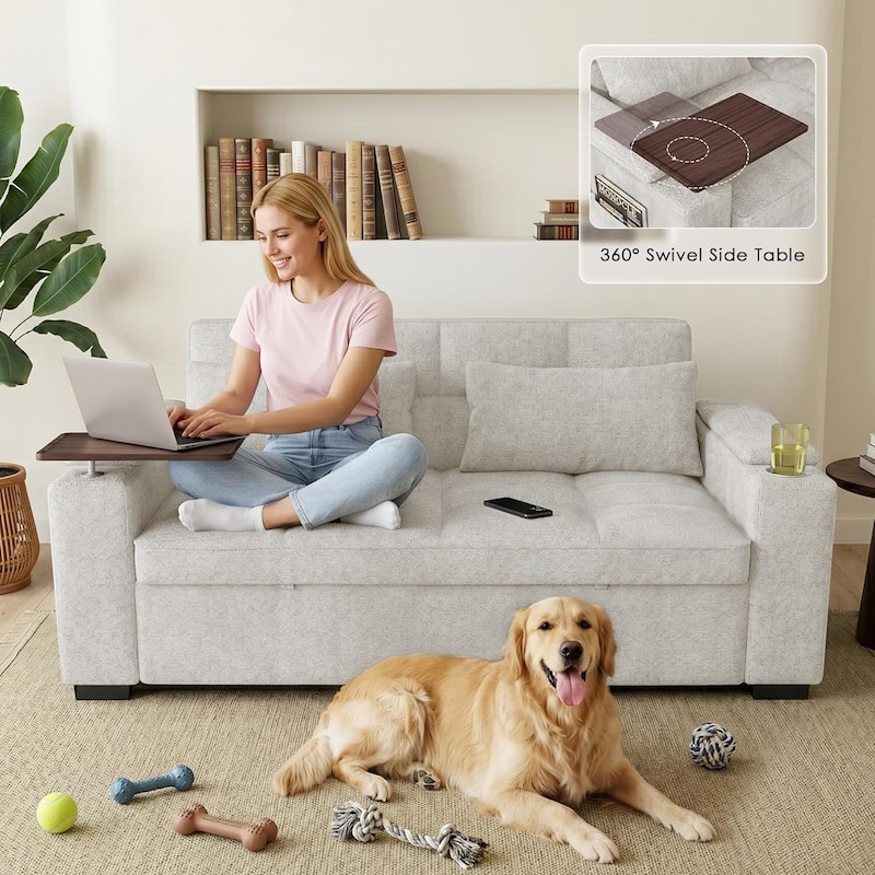 68" Chenille Fabric Sleeper Sofa Bed,Pull Out Couch with 360 Degree Swivel Side Table,USB Port,Cup Holder,Armrest Storage