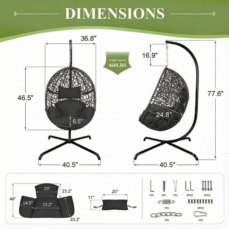 Oversized Hanging Egg Chair with Stand, Indoor/Outdoor Wicker Swing Chair for Patio Porch Balcony with Cushions