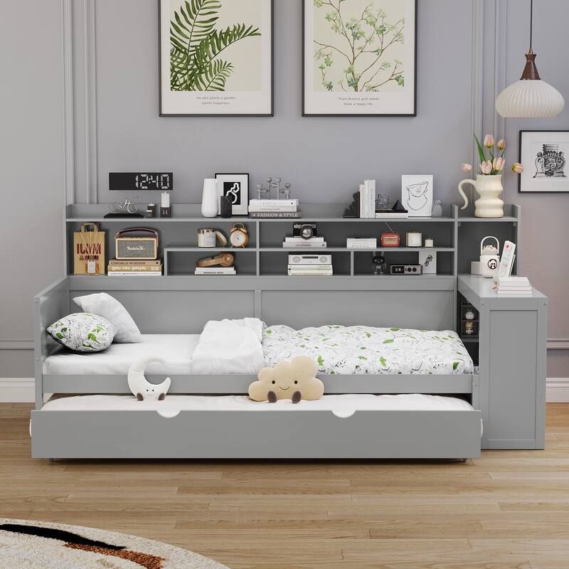 Wooden Twin/Full Size Daybed with Trundle Bed, Multi-functional Corner Platform Sofa Bed Frame with Storage Headboard and Desk - Gray - Twin
