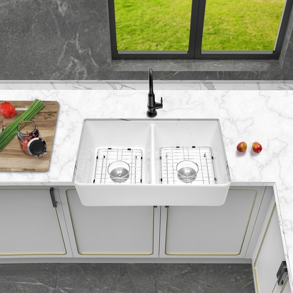 Shop 32 in. Double Bowl Farmhouse Porcelain Ceramic Kitchen Sink in