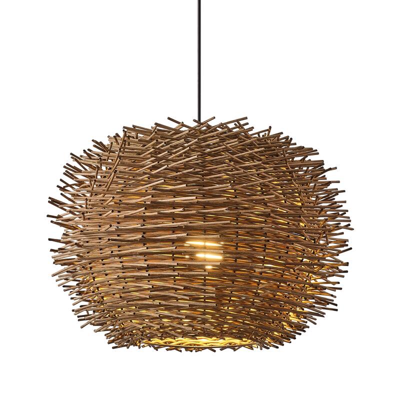 1-Light Modernism Nest Design Brown Hand-Woven Rattan Hanging Pendant Light - 20.47" W x 15.94" H