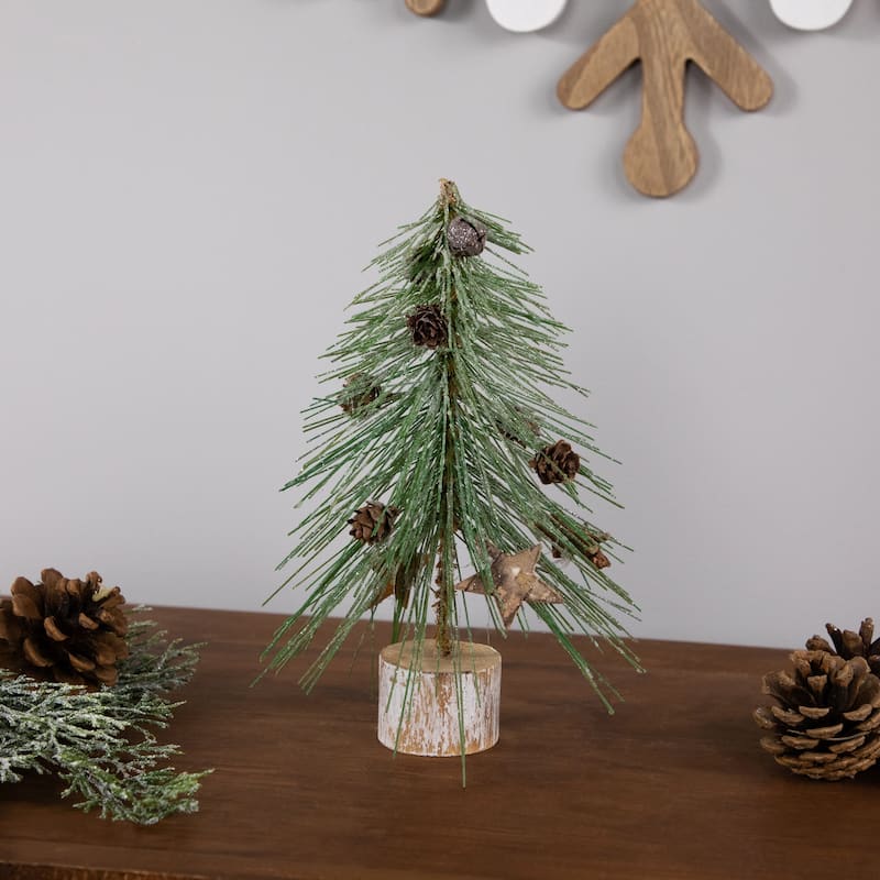 Frosted Bottle Brush Tree on Wooden Base Christmas Decoration - 8.5"