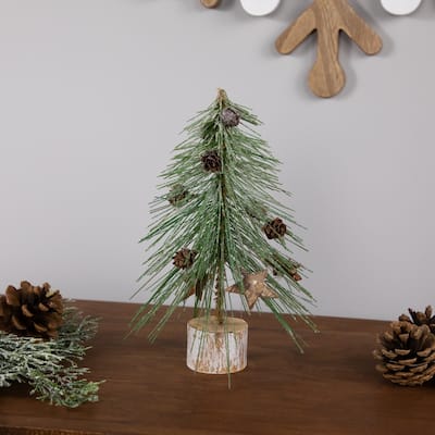 Frosted Bottle Brush Tree on Wooden Base Christmas Decoration - 8.5"