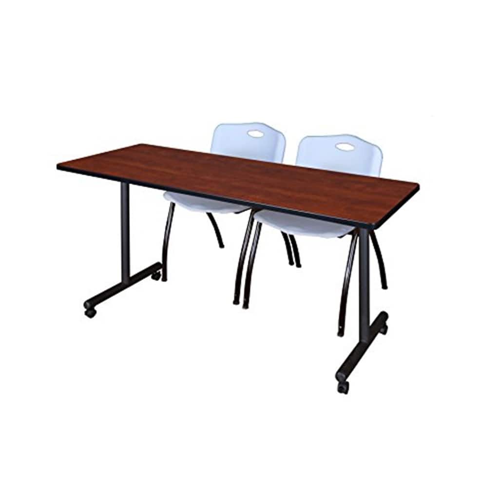 66" x 24" Mobile Training Table- Cherry & 2 'M' Stack Chairs- Grey