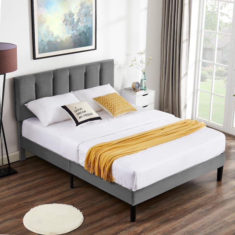 VECELO Tufted Upholstered Platform Bed Frame with Adjustable Height Headboard Twin/Full/Queen Size Beds,Grey