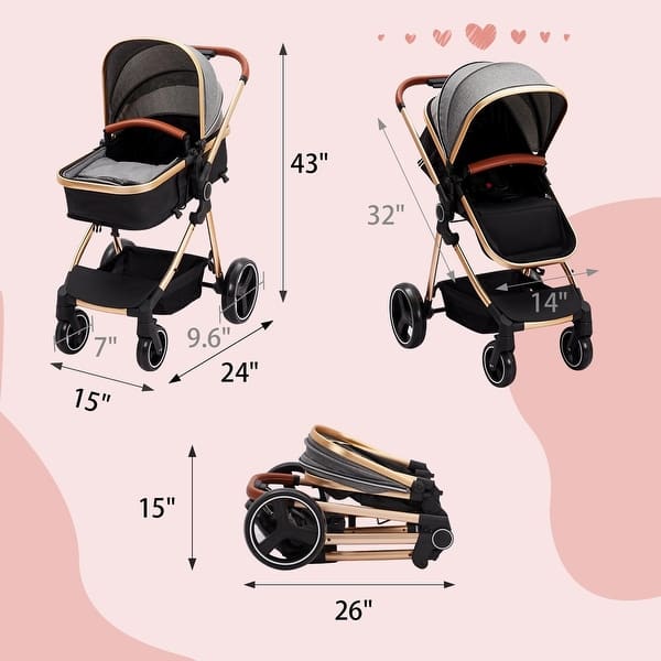 dimension image slide 0 of 3, Convertible Baby Stroller, 3 in 1 Reversible Bassinet Stroller for Newborn