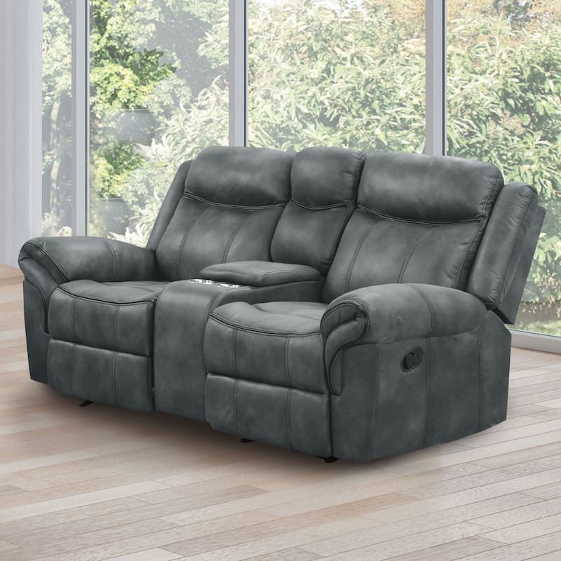 Verne Modern Brown Leather Manual Glider Reclining Loveseat with Center Storage Console - Dark Grey